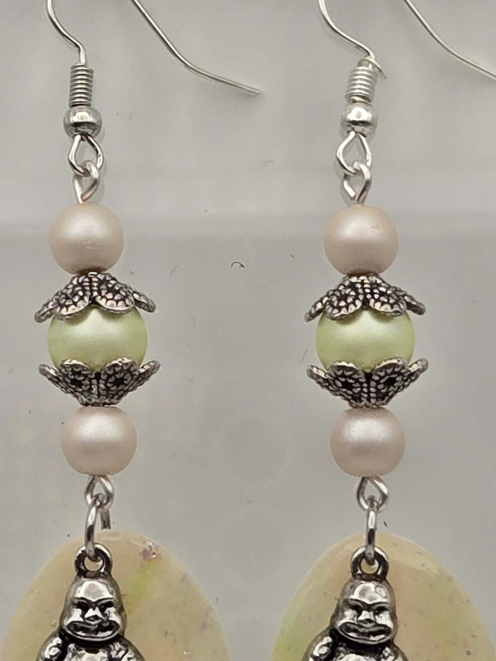 Unbranded Green Pearl Buddha Drop Earrings with Pale Pink Accents - Picture 4 of 4